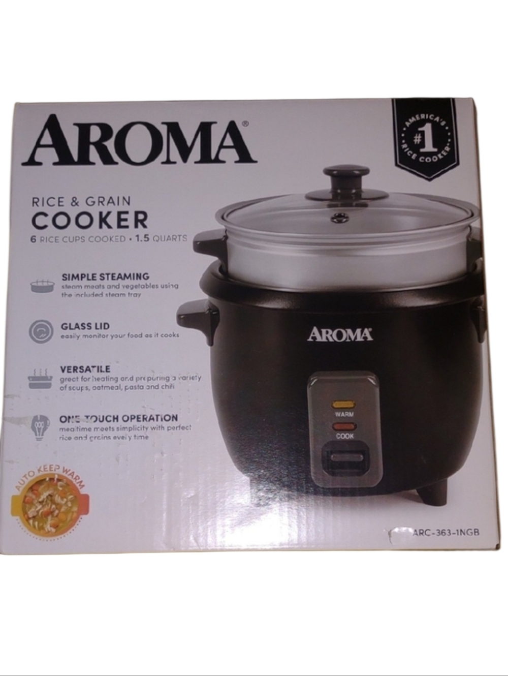 Aroma Black Rice & Grain Cooker with Glass Lid and Steam Tray NEW